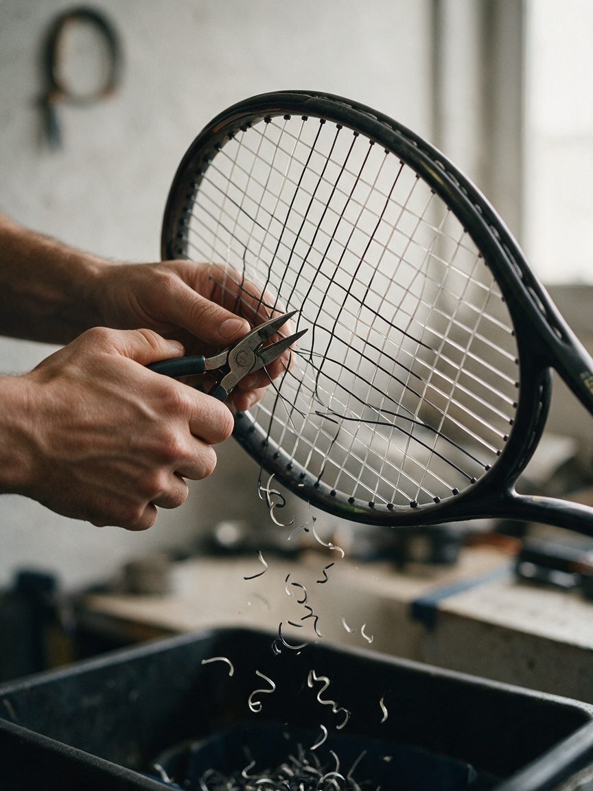 Sträng klipps ur en racket